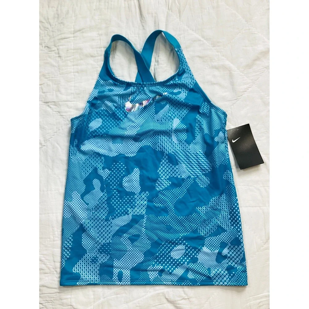 New Nike Tankini Swim Top XL Girls Light Blue Fury Optic Camo Crossback